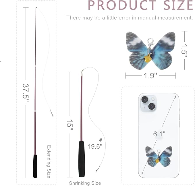 SONGWAY Cat Butterfly Toys - 13 Pieces Cat Toy Set with Retractable Wand and Butterfly Toy Replacement with Bell, Interactive Toys for Indoor Cats Kittens