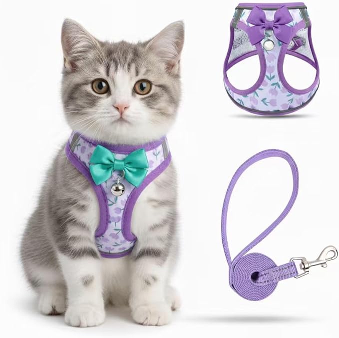 Cat Harness and Leash Escape Proof for Walking, Adjustable Soft Kitten Harness with Reflective Straps Step in Cat Vest Harness for Small Kitten and XS Dogs (Purple, XS-Chest(10.2"-11.8"))