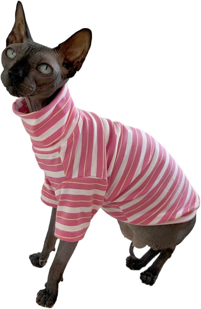 Vintage Stripes Sphynx Hairless Cats Shirt Cotton Cat Turtleneck Pet Clothes Kitten T-Shirts with Sleeves for Sphynx Cats (Sakura, Medium)