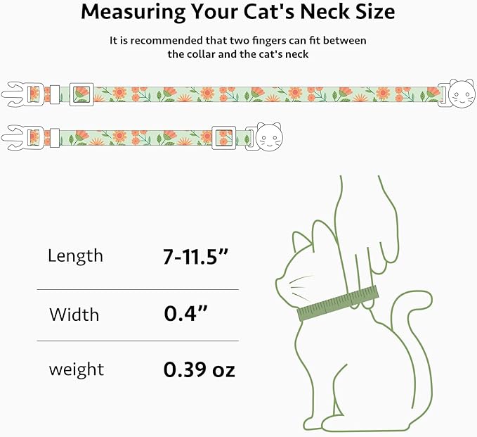 2 Pack Cotton Breakaway Cat Collar Beige and Green Flowers Pendant Cute Kitten Cat Collar with Bell