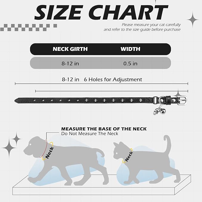 EXPAWLORER Leather Cat Collar for Girl Boy- Adjustable Pet Collar with Safety Elastic Belt,Personalized Punk Accessories Buckle Collars with Bell & Durable D-Ring,Pure Rivets(Black)