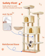 Taoqimiao Cat Tree, 66.2-Inch Cat Tower for Indoor Cats, Plush Multi-Level Cat Condo with 7 Scratching Posts, 2 Perches, 2 Caves, Hammock, 2 Pompoms, Beige MS013M