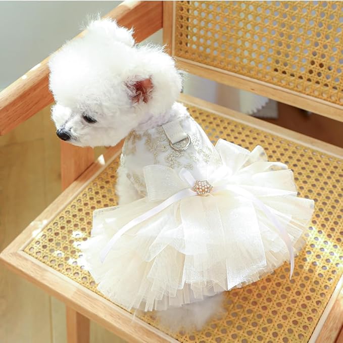 Fancy Dog Dresses with Leash Ring, Embroidered Dog Wedding Dress, Bow Puppy Clothes for Small pet Girl Multi-Layer Lace Tutu Cat Outfit for Kitten Chihuahua Yorkie,Medium