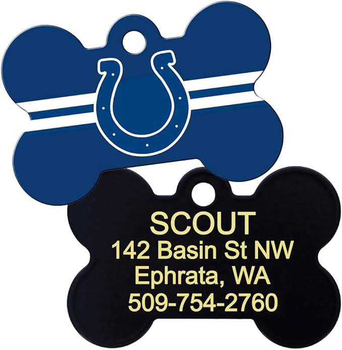 GoTags Personalized Indianapolis Colts Dog Tag, Brass Metal Bone Shape Pet ID Tag Engraved with Name and Custom Text, Every NFL Football Team Pet Apparel (Large)
