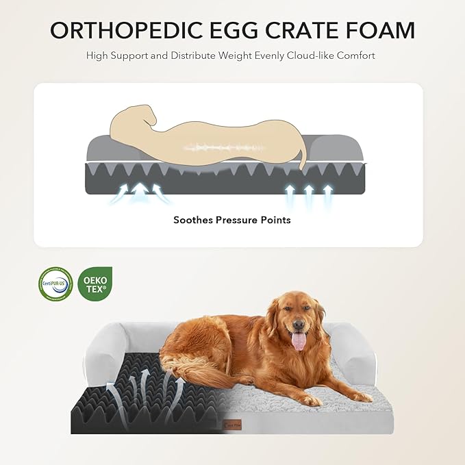 Orthopedic Dog Beds for Extra Large Dogs, Waterproof Egg Crate Foam XL Dog Bed with Sides 45x35Inch, Big Dogs Couch Beds with Removable Washable Cover and Nonskid Bottom, Grey White