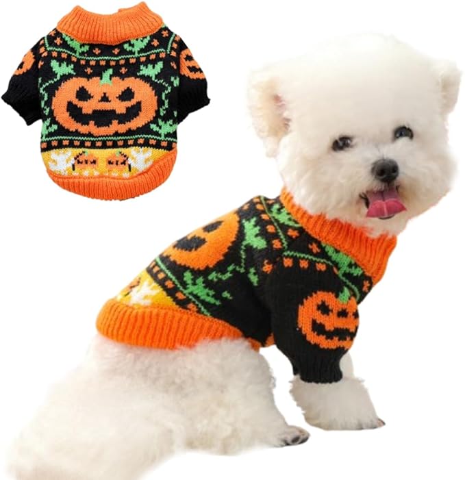 ANIAC Halloween Small Dog Sweater Pumpkin Cat Turtleneck Knitwear Warm Pet Halloween Costume Pumpkin cat Outfit Holiday Puppy Dog Clothes for Girl Boys (Black+Orange, X-Large)