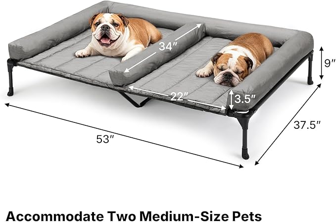 Veehoo Cooling Raised Dog Beds + Waterproof Double Dog Bed Cushion for Two Medium Dogs, Elevated Pet Cot with Removable Bolster Mat, Breathable Mesh, No-Slip Feet, Pets Couch Bed, 53x37.5inches, Grey