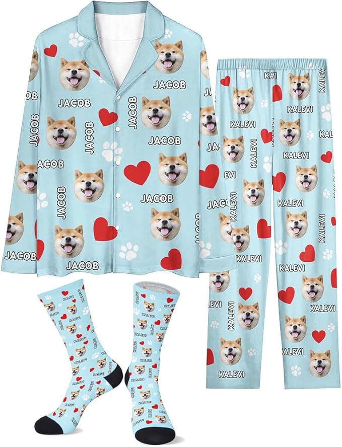 Custom Face Pajamas for Women Men,Personalized Dog Cat Pet Pajamas Set,Christmas Long Sleeve Sleepwear Pjs