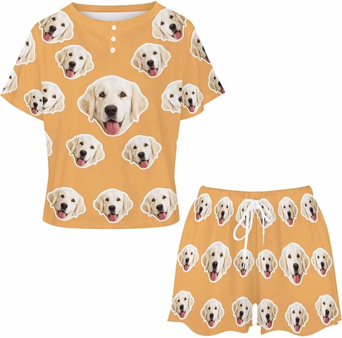 Custom Short Pajamas Set with Face Photo Women‘s Sleepwear Tee Personalized PJ Short Loungewear Set fot Her