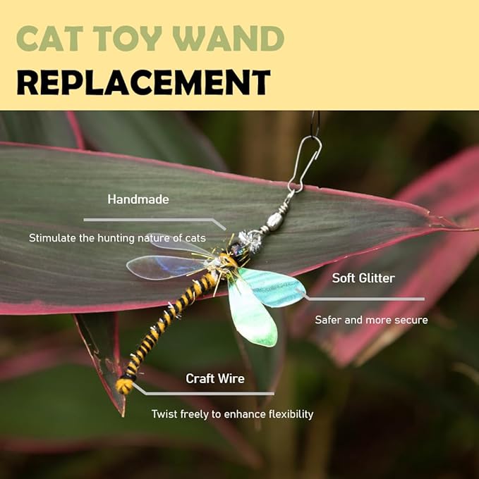 Cat Insect Feather Toys Replacement - 2 Pcs Handmade Natural Dragonfly - Cat Toy Wand Refills - Interactive Kitten Teaser Wand Attachments - Cat Toys for Indoor Cats Play