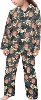 Artsadd Girls Pajamas Set Custom Face Pet Photo Long Sleeve Sleepwear Personalized Printed V-Neck Button-up Pants Nightwear