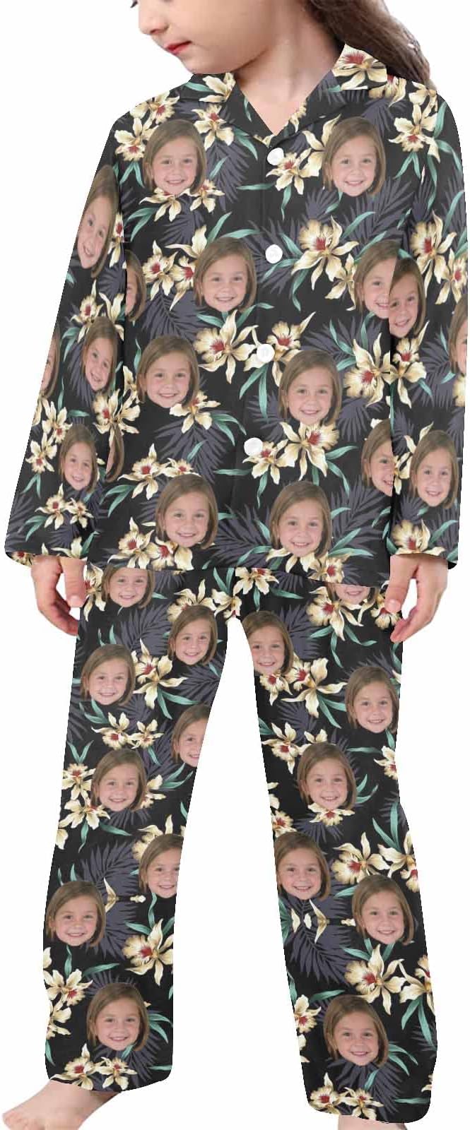 Artsadd Girls Pajamas Set Custom Face Pet Photo Long Sleeve Sleepwear Personalized Printed V-Neck Button-up Pants Nightwear