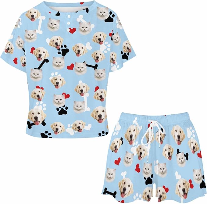 Custom Short Pajamas Set with Face Photo Women‘s Sleepwear Tee Personalized PJ Short Loungewear Set fot Her