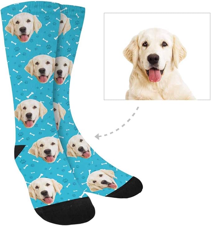 MyPupSocks Custom Personalized Photo Pet Face Socks, Cat and Dog Tracks Paws Bones Crew Socks with Picture for Men Women