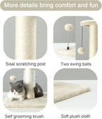 PEEKAB 32" Tall Cat Scratching Post Sisal Rope Scratch Posts with Hanging Ball and Self-Massage Brush Vertical Scratcher for Indoor Cats and Kittens(Beige 32inches)
