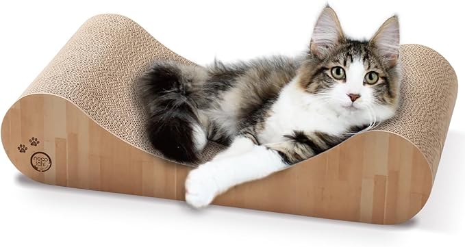 Necoichi Cardboard Cat Scratcher Bed for Indoor Cats - Cat Scratching Board, Horizontal Cat Scratch Pad Lounger with Reversible Usability and Extra Comfort for Lounge, Curved (18" Regular, Oak)