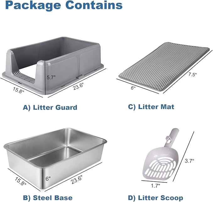 Stainless Steel Cat Litter Box - XL Enclosed High-Sided Pan for Big Cats - Non-Stick Odor Resistant - Easy to Clean with Scoop & Mat