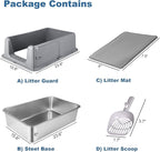 Stainless Steel Cat Litter Box - XL Enclosed High-Sided Pan for Big Cats - Non-Stick Odor Resistant - Easy to Clean with Scoop & Mat