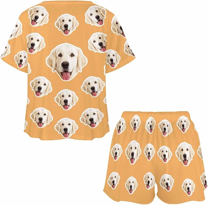 Custom Short Pajamas Set with Face Photo Women‘s Sleepwear Tee Personalized PJ Short Loungewear Set fot Her