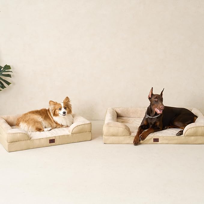 EHEYCIGA Orthopedic Dog Beds for Large Dogs, Waterproof Memory Foam Large Pet Bed with Sides, Non-Slip Bottom and Egg-Crate Foam Dog Couch Bed with Washable Removable Cover, Greige