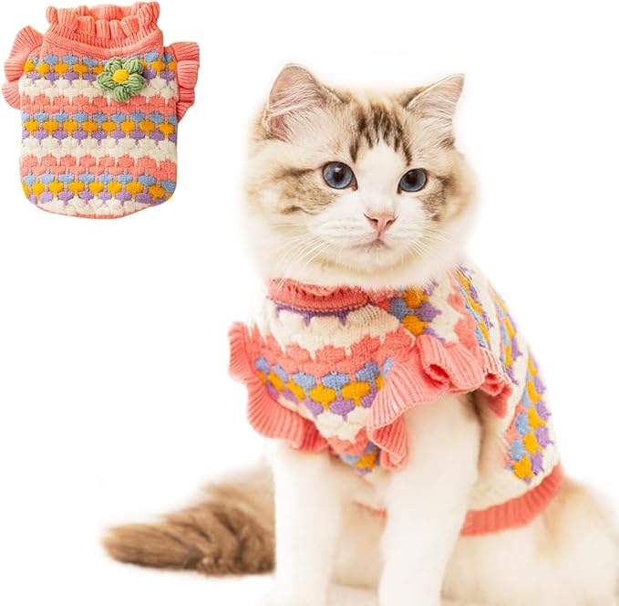 Small Dog Sweater, Knitted Tulip Cat Sweater, Warm Thick Holiday Puppy Clothes for Small Dog Girl,Cold Weather Outfit for Kitten Chihuahua Yorkie Teacup Dachshund Pug (Pink, Medium)