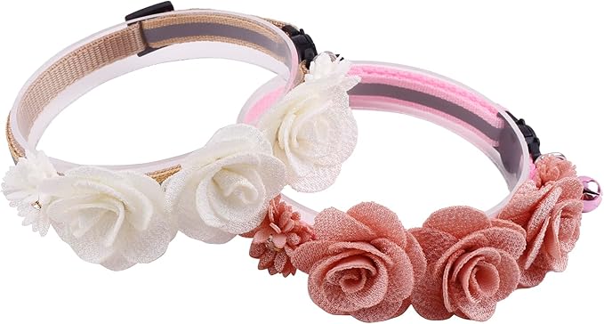 2 Pack Cat Collar Pink Floral with Bell and Removable Flower Bowtie Breakaway Adjustable Cat Collar for Girl Kitten Puppy Small Cats Dogs Daily Decoration (XQ10-7)
