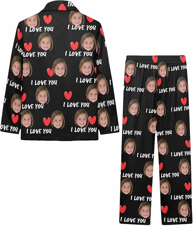 Artsadd Girls Pajamas Set Custom Face Pet Photo Long Sleeve Sleepwear Personalized Printed V-Neck Button-up Pants Nightwear