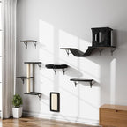 NUNU LAB Cat Wall Shelves, 6 Pcs Luxury Wall-Mounted Cat Climber Set, Indoor Cat Furniture with 1 Condos House, 2 Cat Wall Shelves, 1 Scratching, 1 Bridge Ladder, 1 Scratching Pad, Black
