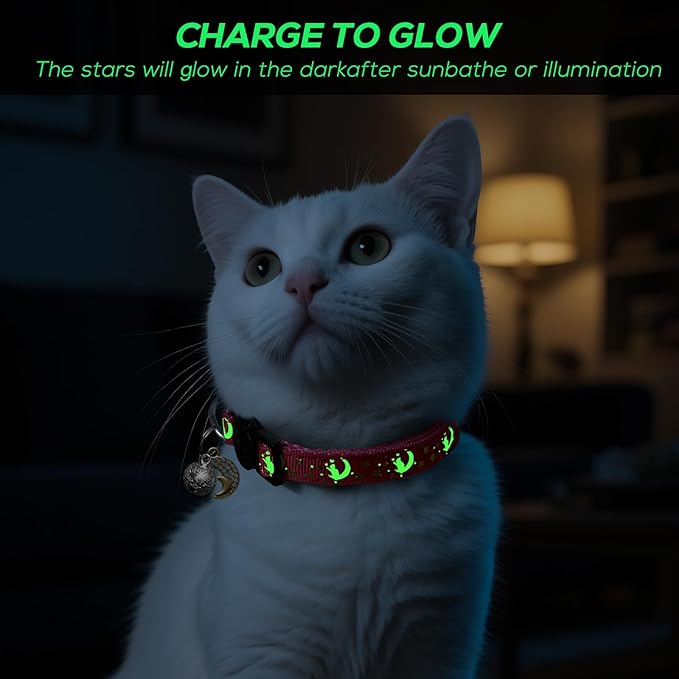 4 PCS Breakaway Cat Collars with Bell Moons Stars,Kitten Collar and Adjustable with Pendant Glow,Cute Kitty Collar for Girl Boy Cats,Pet Gifts,Accessories(4 Colors)