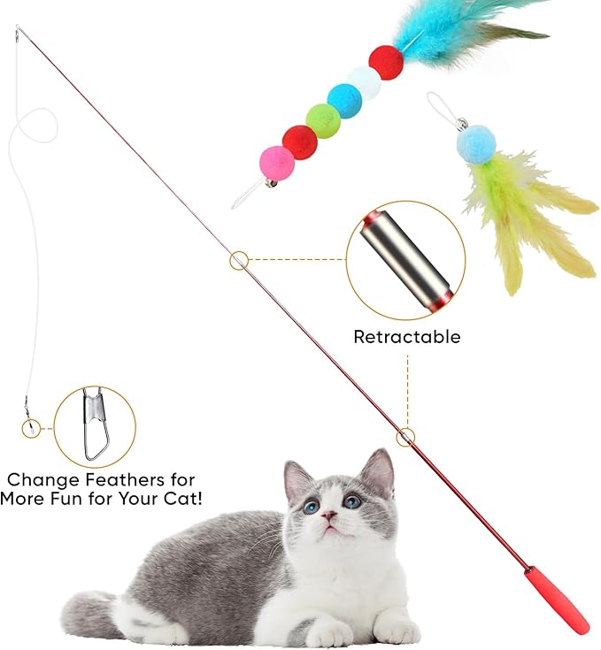 Cat Toys for Indoor Cats, 13 Packs Interactive Cat Wand Toy Set with Feather Toys & Teasers, Fun Cat Toys for Exercise, Playtime and Boredom Relief