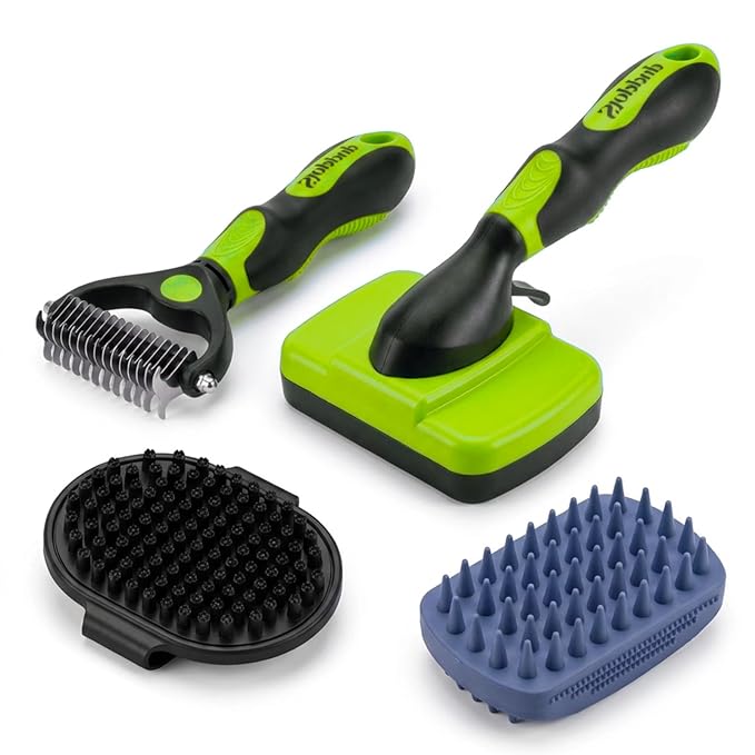 4PCS Self Cleaning Slicker Brush, Pet Grooming Rake, Bath Brush & Massage Brush for Short/Long Haired Dogs, Cats & Horses, Pet Grooming Deshedding Tools - Pet Supplies (Green Black)