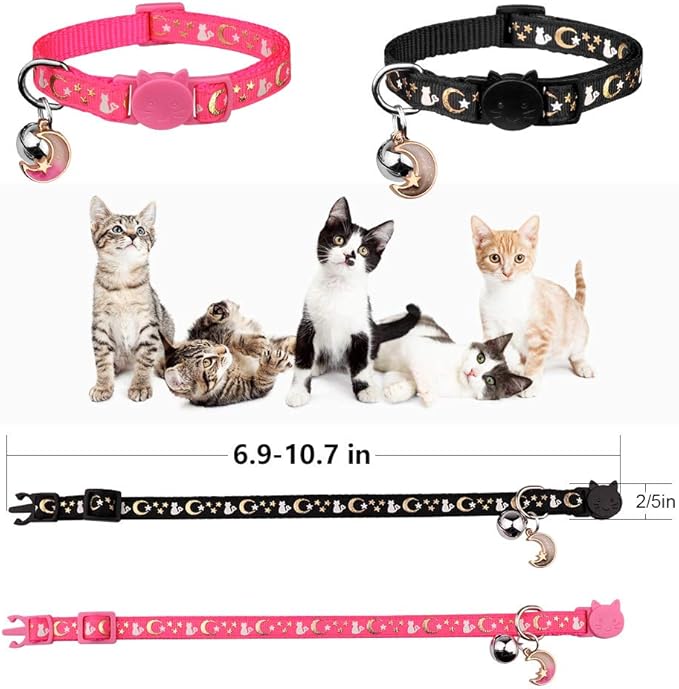 Baeuppit 2PCS Breakaway Cat Collars with Bell Moons Stars Cute Kitty Adjustable Safe Kitten Collars with Pendant Glow in The Dark(Black&Pink)