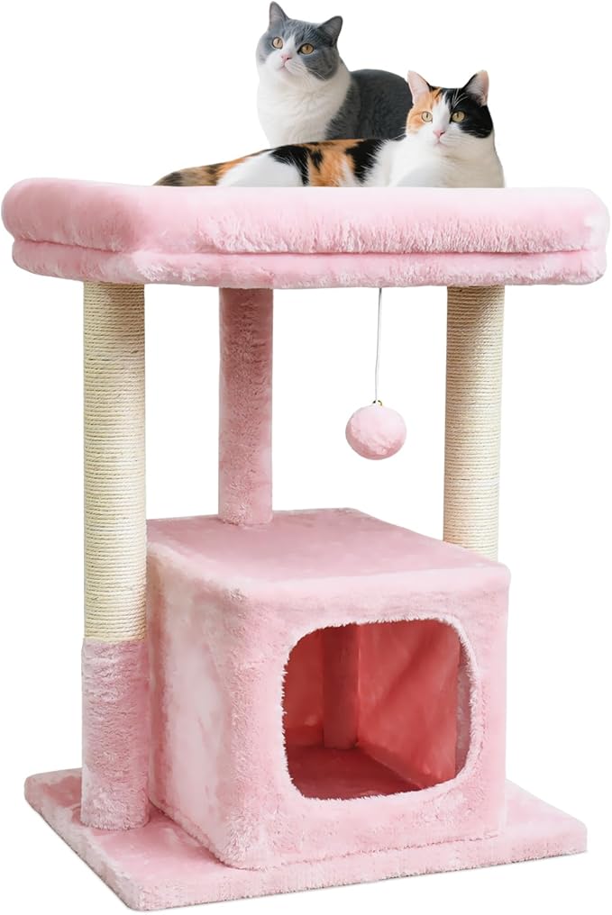 SYANDLVY Small Cat Tree for Indoor Cats Large Adult, 27" Activity Tower with Scratching Posts, Modern House with Padded Perch, Kittens Condo, Cat Cave, Pink