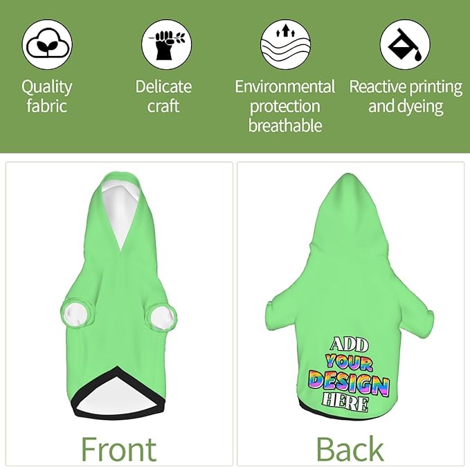 Personalized Dog Hooded Sweatshirt, Custom Pet Pullover Hoodie Design Your Own Text Image for Small Dogs Puppy Cat Kitten Clothes Dog Shirt Customizable, Customized Gifts, Light Green, S,