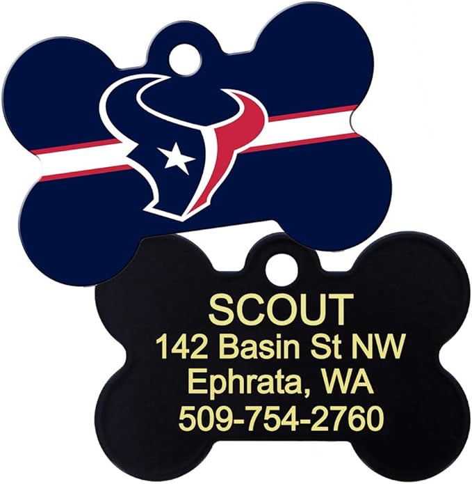 GoTags Personalized Houston Texans Dog Tag, Brass Metal Bone Shape Pet ID Tag Engraved with Name and Custom Text, Every NFL Football Team Pet Apparel (Large)