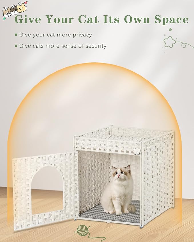 Cat Litter Box Enclosure Furniture, Hidden Litter Box with Mat and Fence, Handwoven Rattan Cat House with Two S-Shaped Hooks for Living Room, Bedroom, 18.5 x 20.5 x 19.1 Inches (White