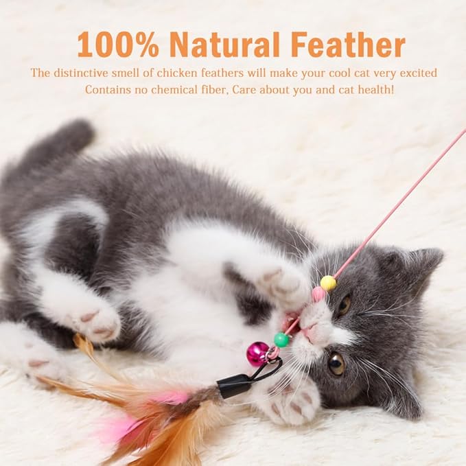 6 Pack Cat Feather Toy, Interactive Pet Kitten Chaser Teaser Wire Wand with Bell Beads for Cat Exercise Play Fun Gifts - Wholesale