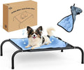 SZEE Raised Dog Bed with Detachable 2-Sided Cooling/Warming Waterproof Mat, Elevated Dog Cot Bed for Small Sized Breeds with Durable Steel Frame & Sturdy Teslin Mesh, Outdoor & Indoor All-Season Use