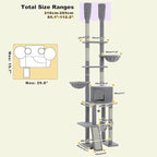 PAWZ Road Tall Cat Tree, Floor to Ceiling Cat Tower with Adjustable Height(85-112 Inches), 7 Tiers Climbing Tower with Cozy Hammocks, 5 Platforms and Scratching Posts for Indoor Cats-Gray