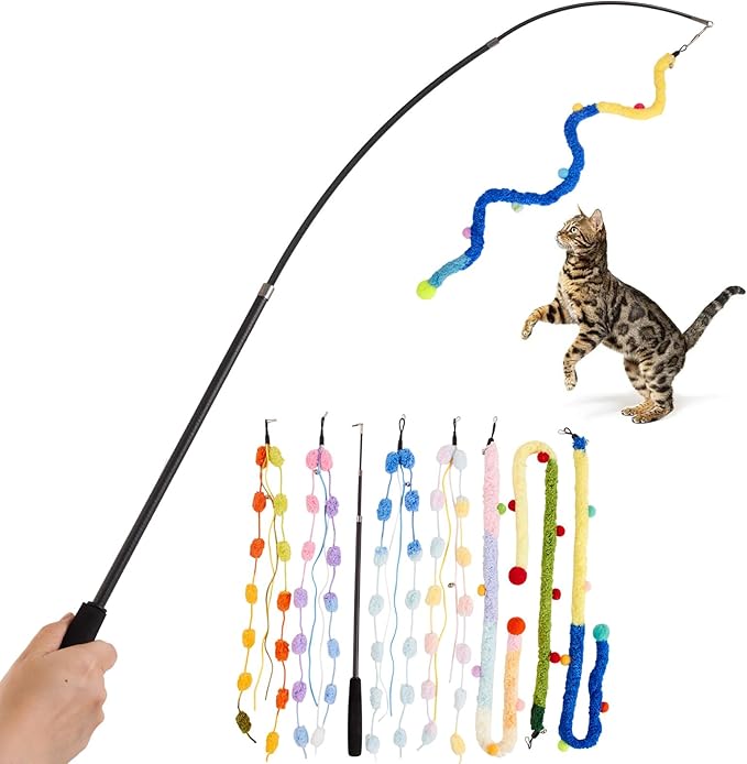 Cat Wand Toy, 8Pcs Retractable Plush Srtip Cat Teaser Wand Toys with Bell & String, Long Interactive Wand Toys for Indoor Kitten, Exercise