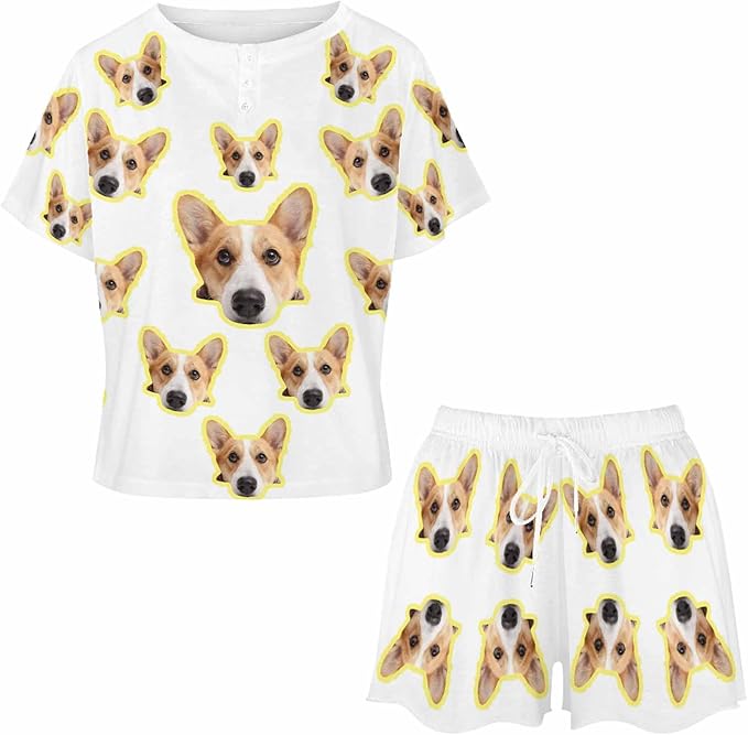 Custom Short Pajamas Set with Face Photo Women‘s Sleepwear Tee Personalized PJ Short Loungewear Set fot Her