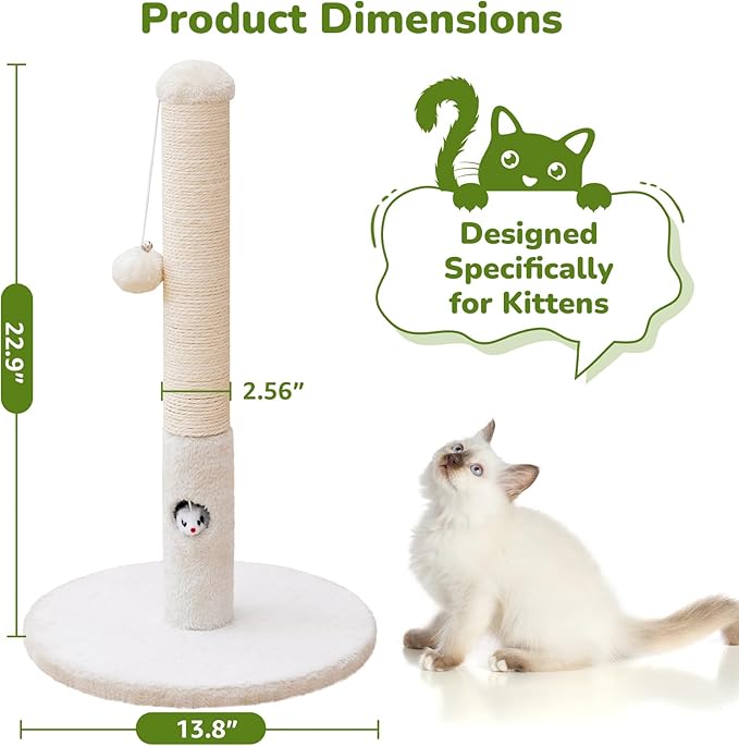 Cat Scratching Post for Kitten, 23in Tall Cute Small Cat Scratching Post with Premium Sisal Rope and Dangling Cat Toy Balls (White