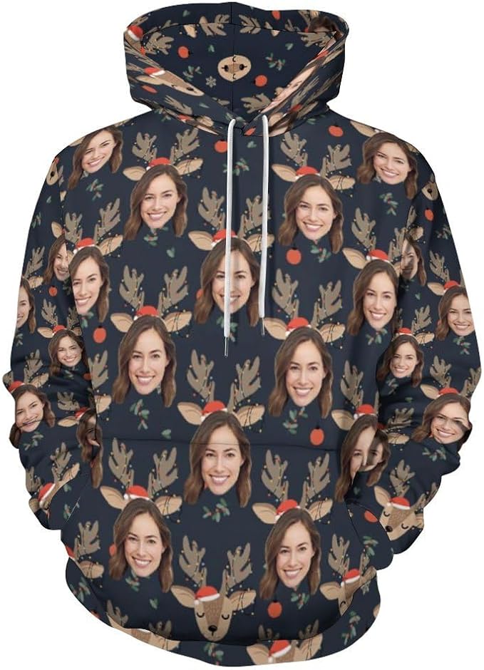 Artsadd Custom Face Unisex athletic Pockets Sweatshirt Loose Hoodie Custom Christmas Long Sleeve Sweatshirt Hooded Pullover
