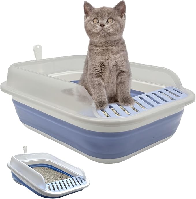 Collapsible Kitten Litter Box, Open Small Cat Litter Box with High Side Shallow Kitten Litter Pan Anti-Splashing Waterproof Low Entry Travel Litter Pan with Falling Sand Pedal