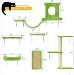 NUNU LAB Wall Mounted Cat Furniture Set - 6 Pcs Climber Set with House, Bridge, Steps, Scratcher Board - DIY Walls Playground, Indoor Cat Shelves - Green