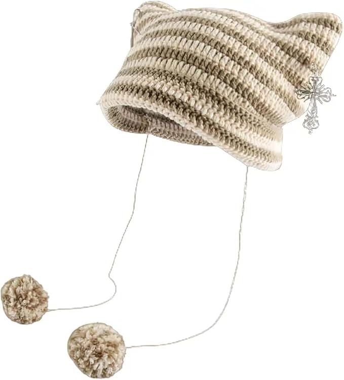 Y2k Beanies Crochet Knitted Cat Hats Goth Cross Devil Hat Striped Alt Emo Accessories Grunge Y2k Aesthetic Clothes