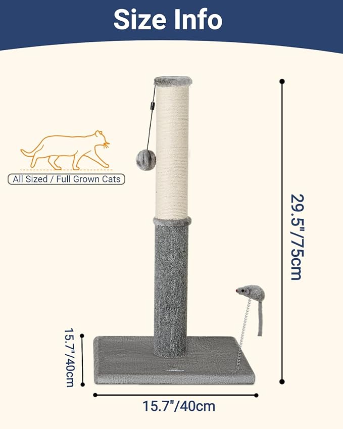 Happi N Pets 29.5" Tall Cat Scratching Post, Cat Scratchers for Indoor Cats, Sisal Scratch Post & Carpet Post in One, Stable Cat Scratch Post with Two Toys, Extra Free Toy, Light Gray