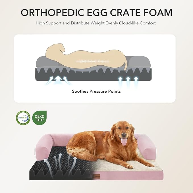 Orthopedic Dog Beds for Large Sized Dogs, Waterproof Egg Crate Foam Large Dog Couch Beds with Comfy Bolster 36x27Inch, Washable Pet Beds with Removable Cover and Nonskid Bottom, Pink