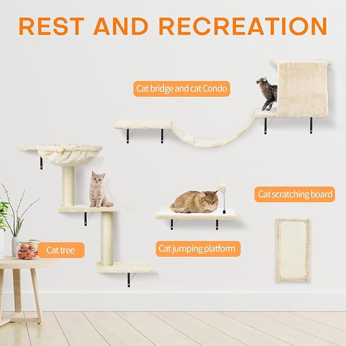 Cat Wall Shelves, Multi-Level Cat Climbing Furniture, Space-Saving Wall-Mounted Cat Climber Set with Perches,Bridge,Hammock,Scratching Board & Ball for Indoor Cat Play (Dark Grey)
