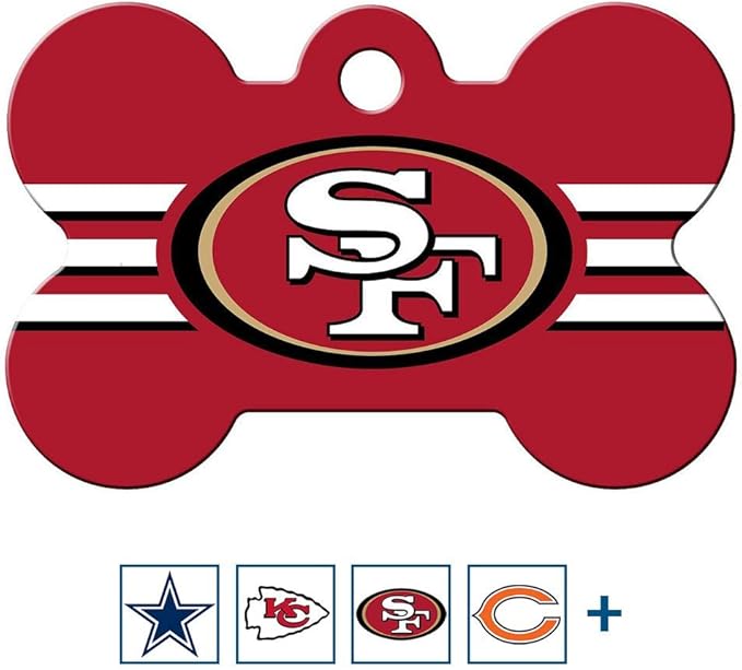 GoTags Personalized San Francisco 49ers Dog Tag, Brass Metal Bone Shape Pet ID Tag Engraved with Name and Custom Text, Every NFL Football Team Pet Apparel (Large)